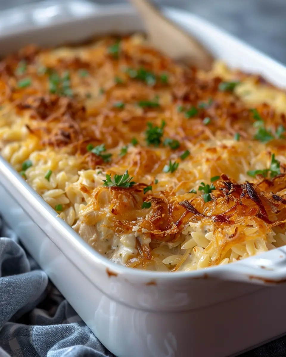 French Onion Chicken Orzo Casserole with Turkey Bacon Delight