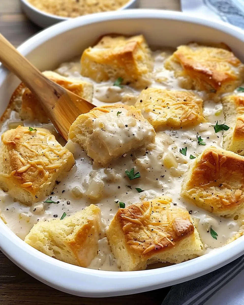 Easy Biscuits and Gravy Casserole with Turkey Bacon Delight