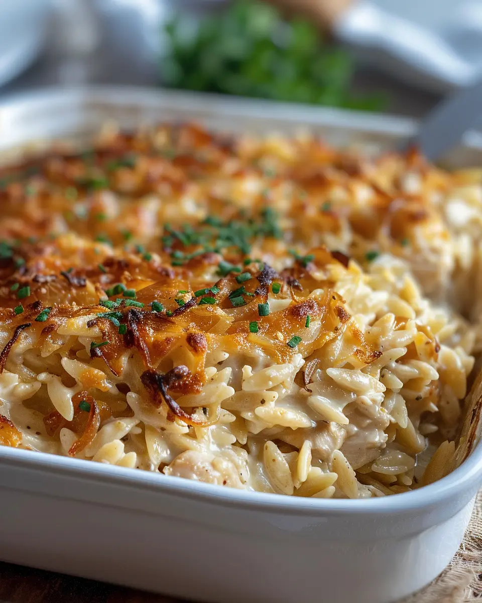French Onion Chicken Orzo Casserole
