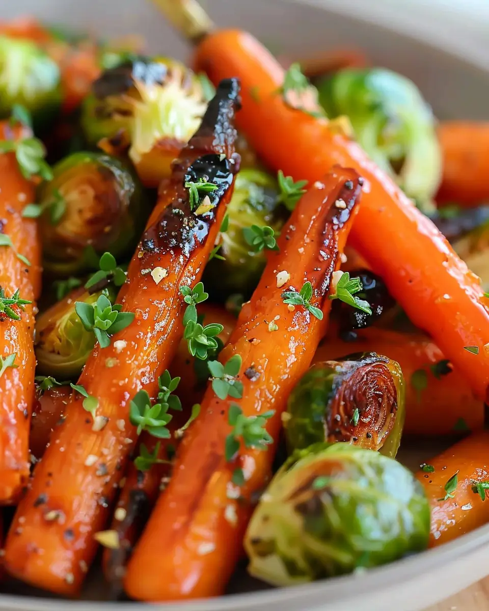 Crispy Maple Glazed Carrots and Brussel Sprouts with Turkey Bacon