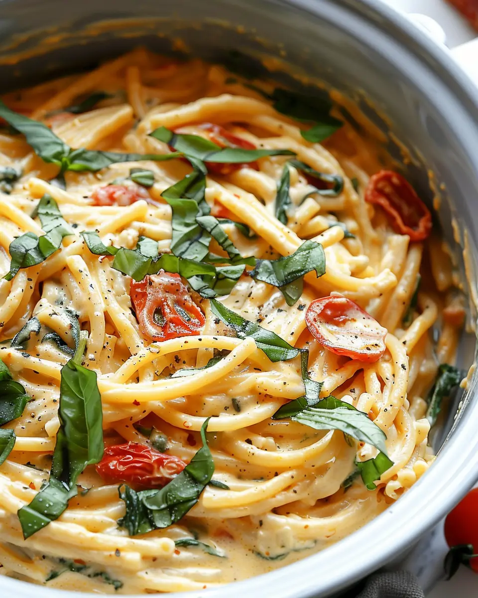 Slow Cooker Creamy Tuscan Pasta with Turkey Bacon and Chicken Ham