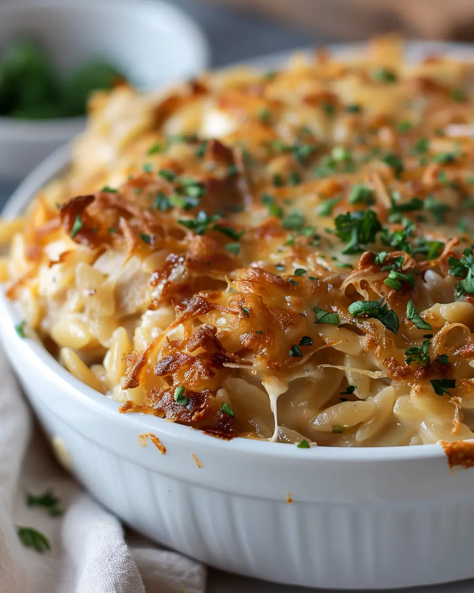 French Onion Chicken Orzo Casserole